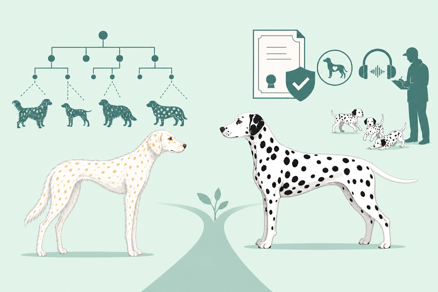 Woher kommt mein Hund?: Vergleich eines hochbeinigen langhaarigen lemonfarbenen Dalmatiners mit einem ausgewogen gebauten weiß-schwarzen Dalmatiner sowie Symbolen für Abstammung und Zuchtkontrollen