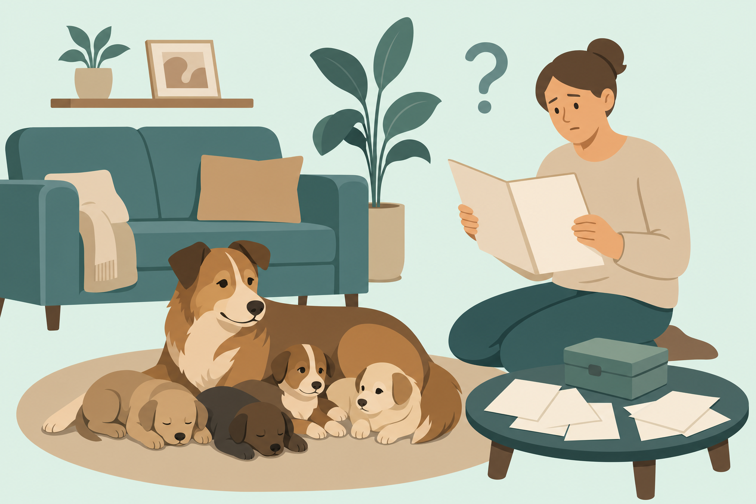 Woher kommt mein Hund?: Eine Hündin mit Welpen im Wohnzimmer, daneben eine unsichere Halterin mit leeren und ungeordneten Unterlagen